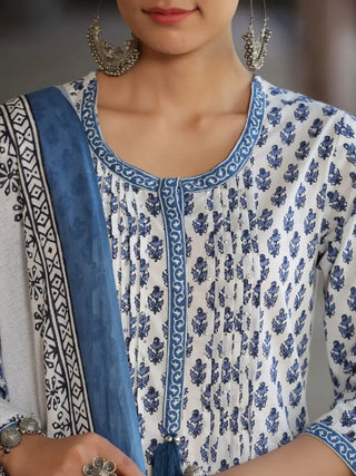 Women Blue-Coloured Ethnic Motifs Printed Sequinned Pure Cotton Kurta with Trousers And Printed Dupatta