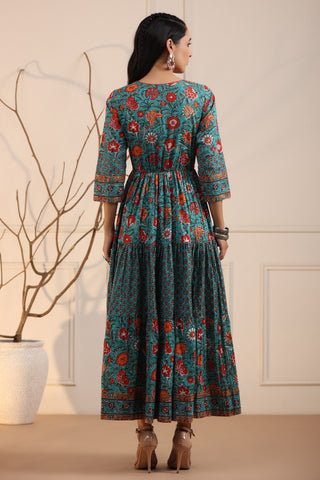 Women Green & Red Ethnic Pure Cotton A-Line Long Dress