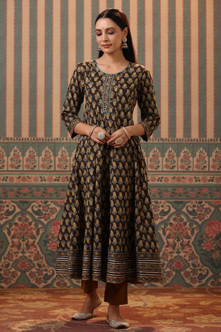 Women Mustard Paisley Printed Pure Cotton Anarkali Kurta with Trousers & Dupatta