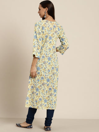 Women Blue Pure Cotton Floral Print Straight Kurta