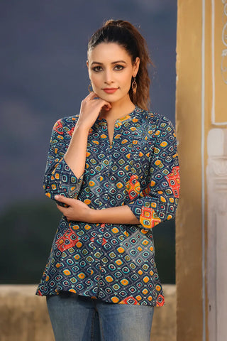 Women Navy Blue Bandhani Printed Aline Cotton Kurti