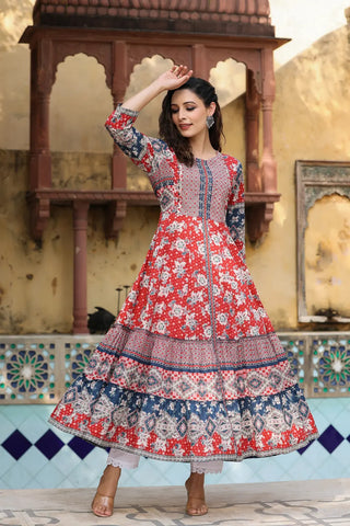 Women Red Floral Printed Pure Cotton Anarkali Kurta