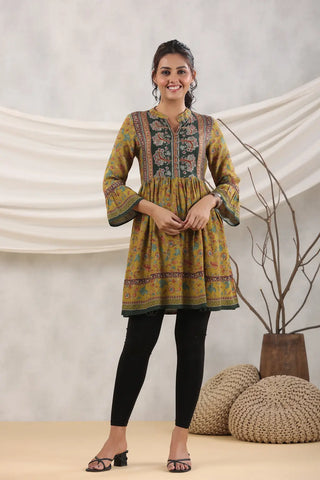 Women Mustard Ethnic Motifs Printed A-Line Kurti