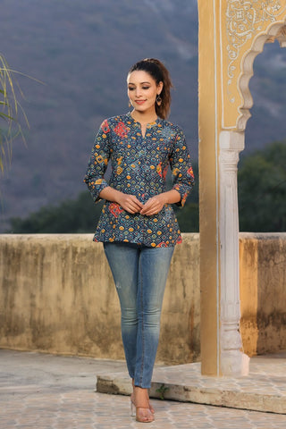 Women Navy Blue Bandhani Printed Aline Cotton Kurti