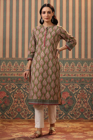 Women Green Ethnic Motifs Printed Cotton Straight Kurta