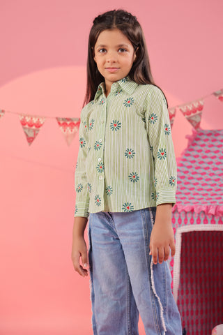 girls floral printed shirt green