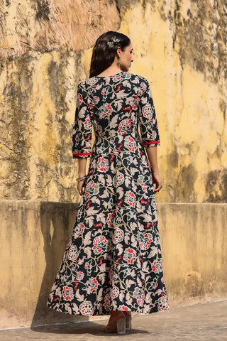 Women Black & Beige Floral A-Line Maxi Dress