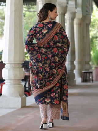 Women Navy Blue Floral Printed Pure Cotton Straight Kurta With Printed Dupatta & Printed Trouser