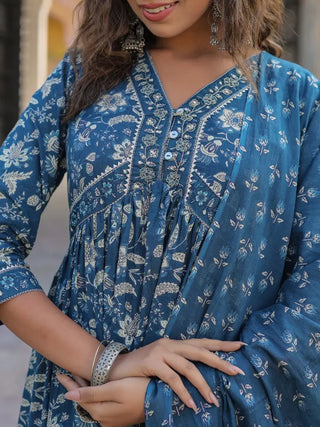 Women Blue Floral Printed Empire Line Anakali Kurta With Trouser And Dupatta