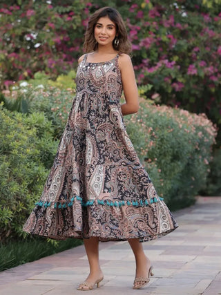 Shoulder Strapped Paisley Printed Fit and Flared Pure Cotton Midi Dress