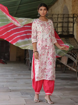 Women Cream Floral Printed Pure Cotton embroidered Straight Kurta With Salwar And Dyed Dupatta