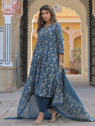 Women Blue Floral Printed Empire Line Anakali Kurta With Trouser And Dupatta