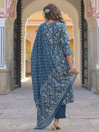 Women Blue Floral Printed Empire Line Anakali Kurta With Trouser And Dupatta