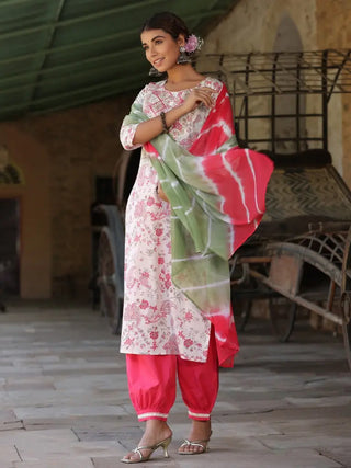 Women Cream Floral Printed Pure Cotton embroidered Straight Kurta With Salwar And Dyed Dupatta