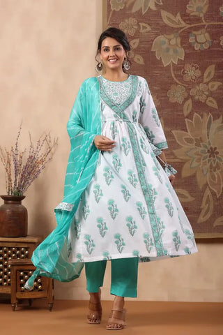 Women Blue & Teal Floral Printed Pure Cotton Anarkali Kurta Set