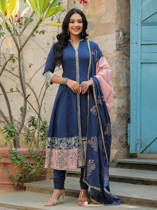 Women Navy Blue Pure Cotton Anarkali Kurta with Churidar & Dupatta, Mandarin Collar