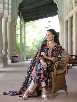 Women Navy Blue Floral Printed Pure Cotton Straight Kurta With Printed Dupatta & Printed Trouser