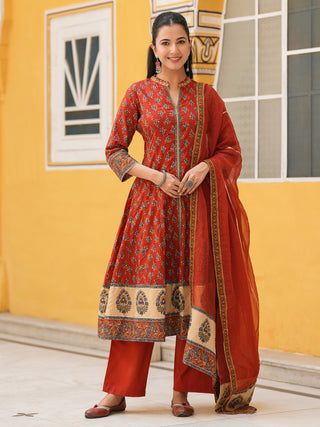 maroon cotton anarkali kurta set with dupatta