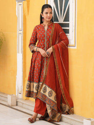maroon printed anarkali kurta pant dupatta set