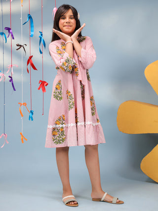 pink printed frock for girls