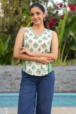 printed cotton top green women