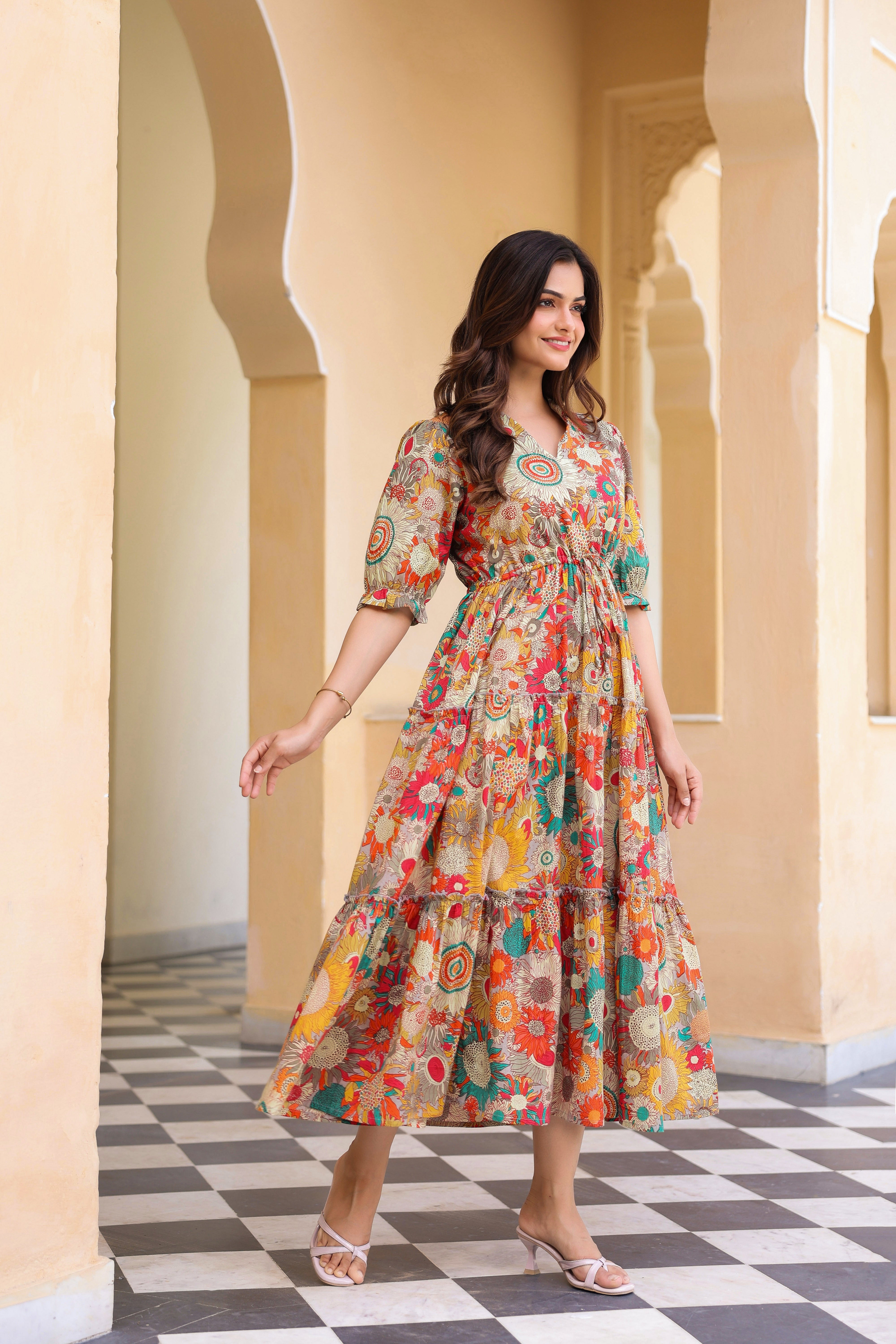 Women Floral Printed V-Neck Pure Cotton Ethnic Dresses – Rain & Rainbow