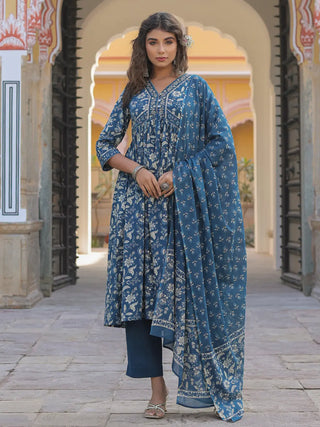 Women Blue Floral Printed Empire Line Anakali Kurta With Trouser And Dupatta