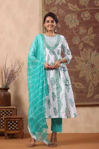 Women Blue & Teal Floral Printed Pure Cotton Anarkali Kurta Set