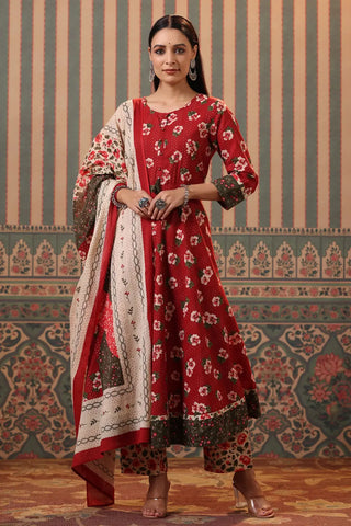 Women Maroon Floral Printed Sequinned Kurta Set