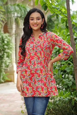 Red A-line pleated kurti