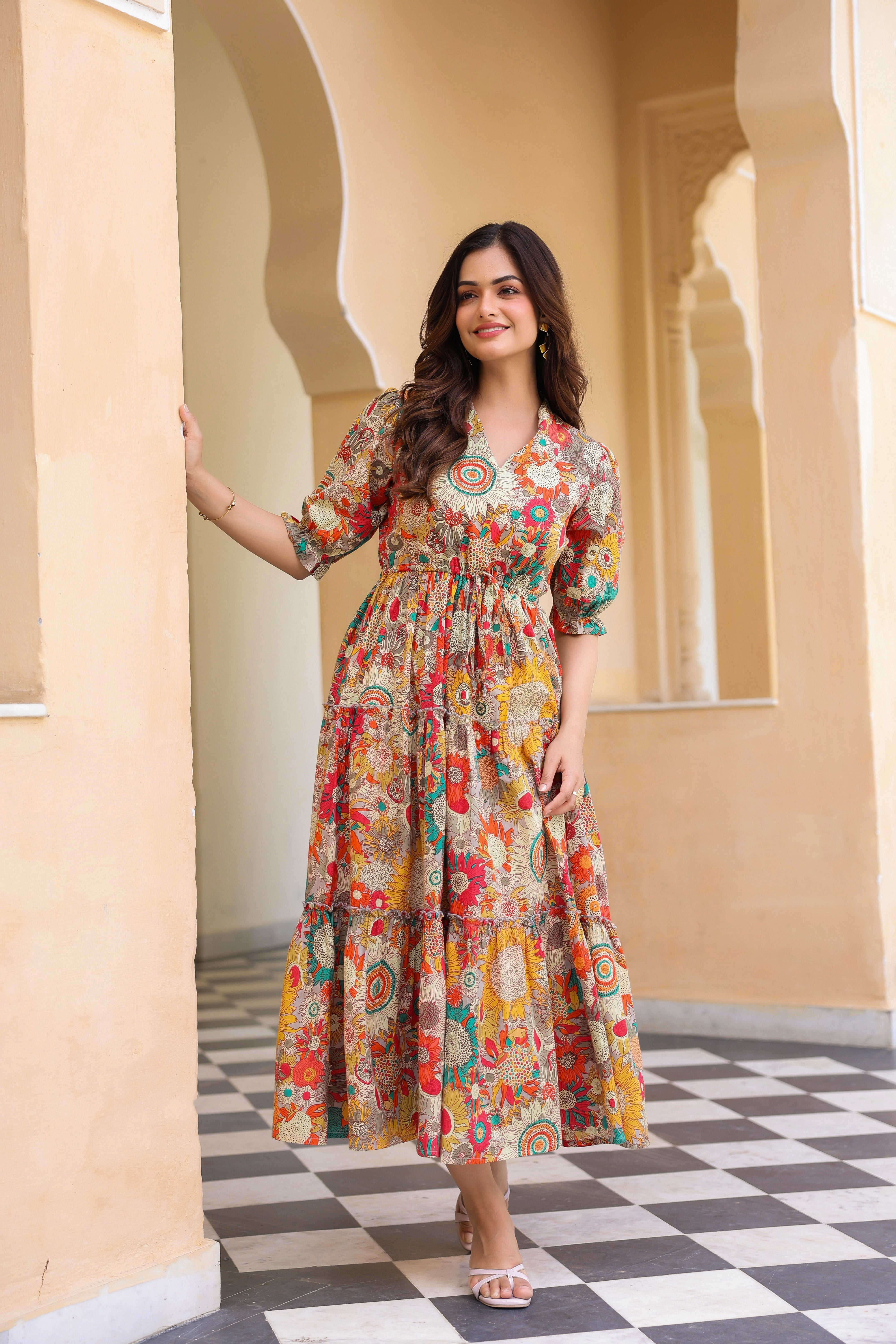 Women Floral Printed V-Neck Pure Cotton Ethnic Dresses – Rain & Rainbow